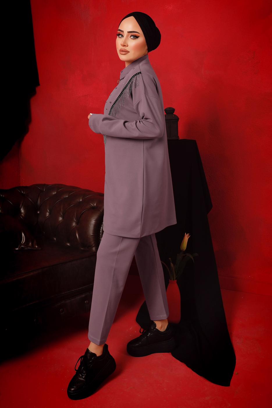 Tesettür giyim MOR ZİNCİR DETAYLI FERMUARLI İKİLİ PANTOLONLU TAKIM T 9292