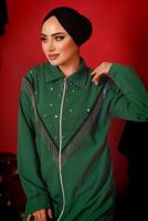 Tesettür giyim YEŞİL ZİNCİR DETAYLI FERMUARLI İKİLİ PANTOLONLU TAKIM T 9292