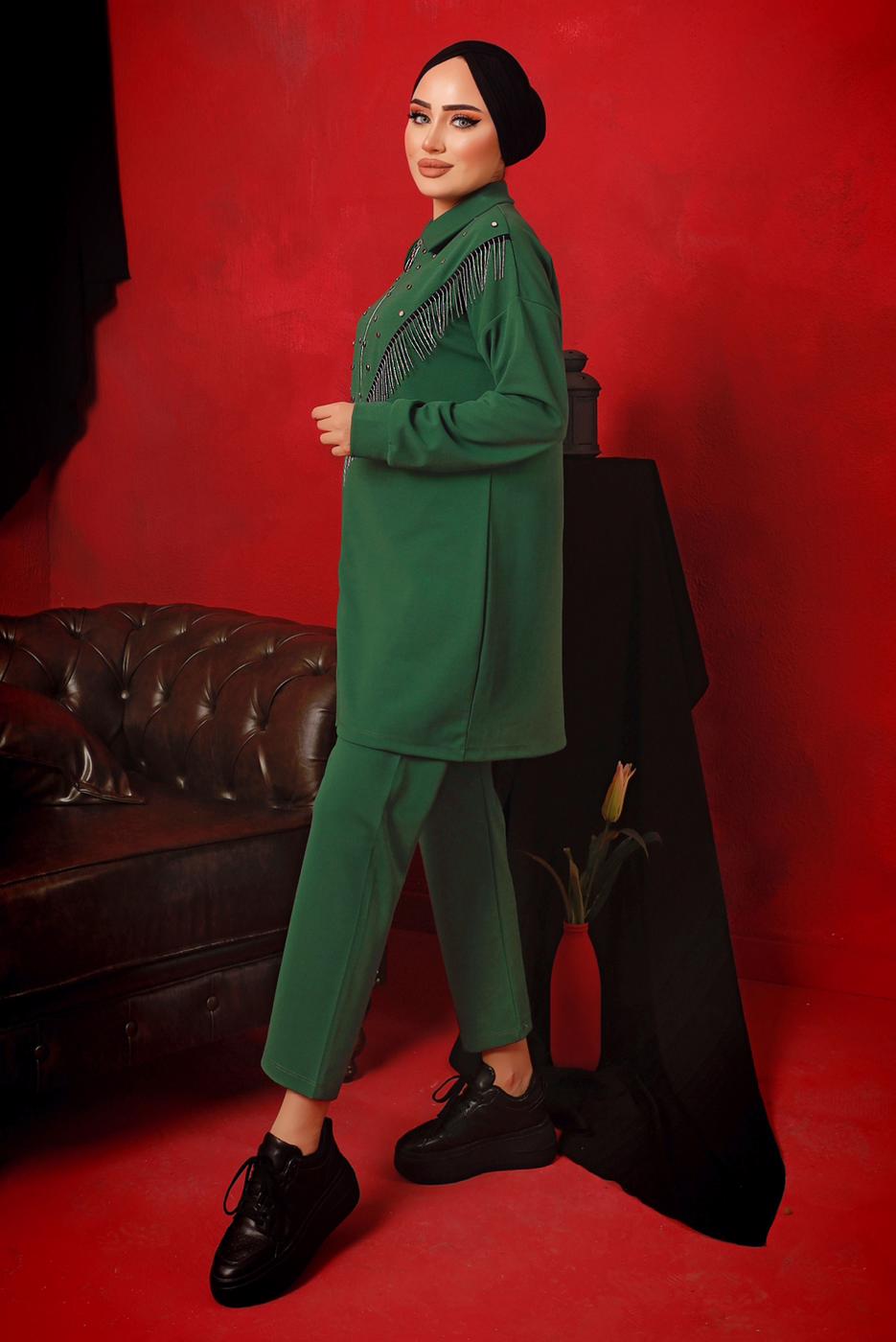 Tesettür giyim YEŞİL ZİNCİR DETAYLI FERMUARLI İKİLİ PANTOLONLU TAKIM T 9292