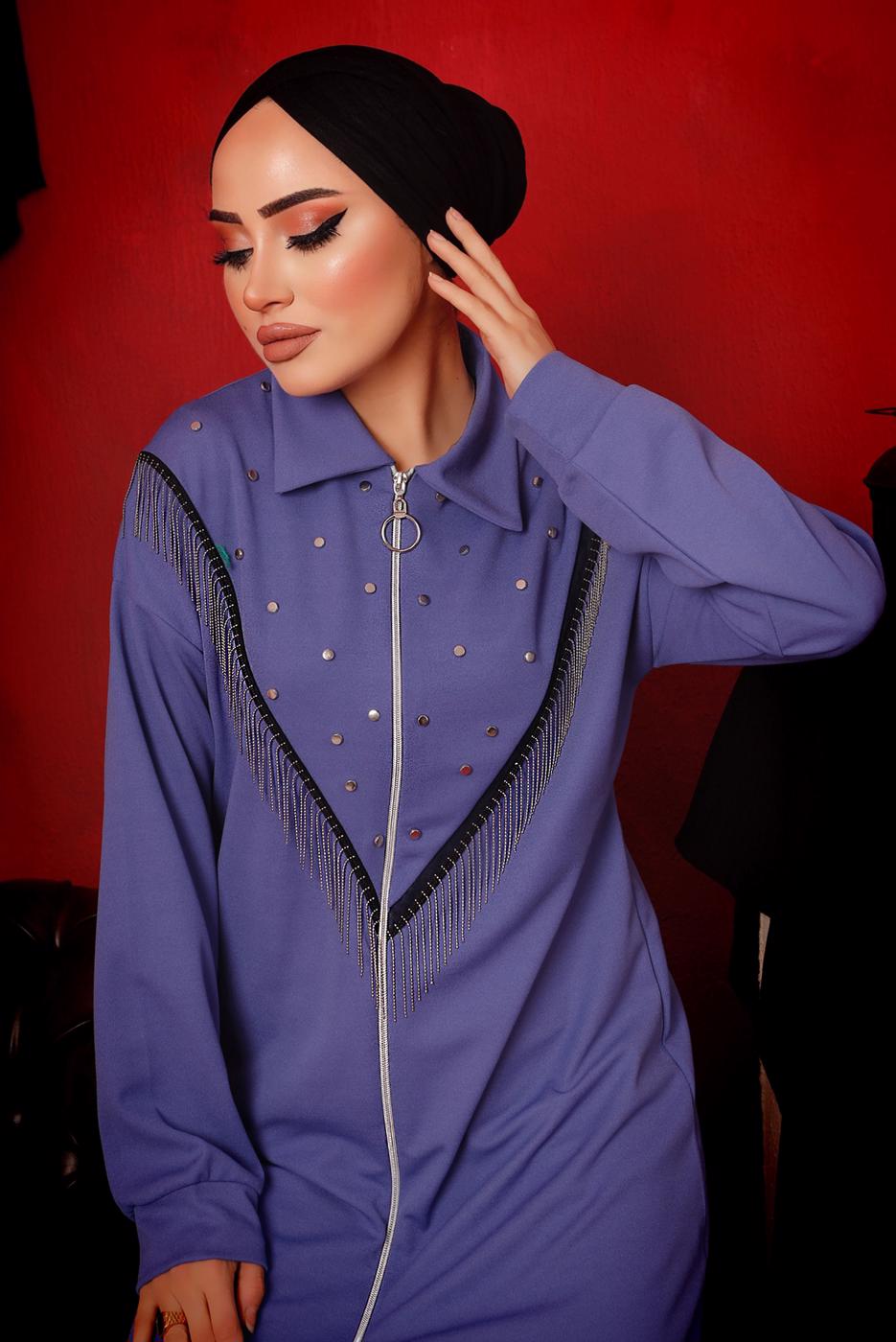 Tesettür giyim LACİVERT ZİNCİR DETAYLI FERMUARLI İKİLİ PANTOLONLU TAKIM T 9292