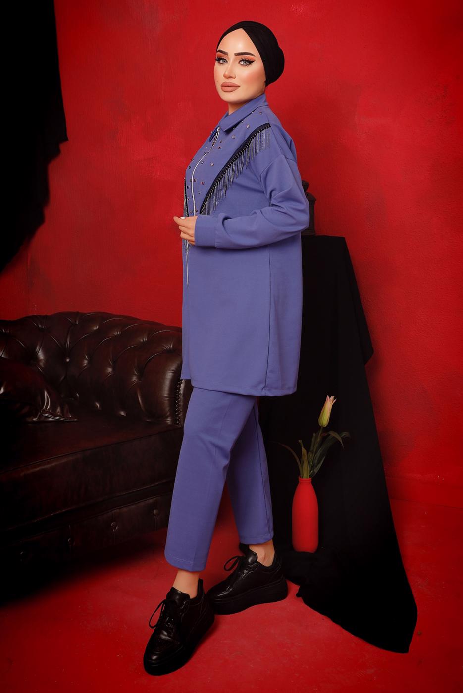 Tesettür giyim LACİVERT ZİNCİR DETAYLI FERMUARLI İKİLİ PANTOLONLU TAKIM T 9292