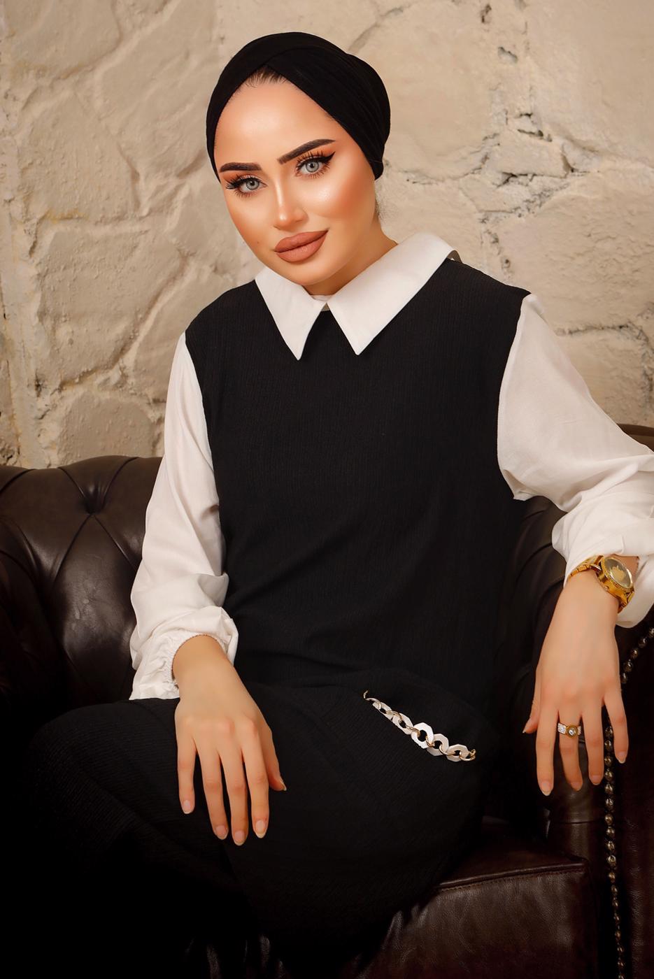 Tesettür giyim SİYAH ZİNCİR DETAYLI İKİLİ PANTOLONLU TAKIM T 9392 