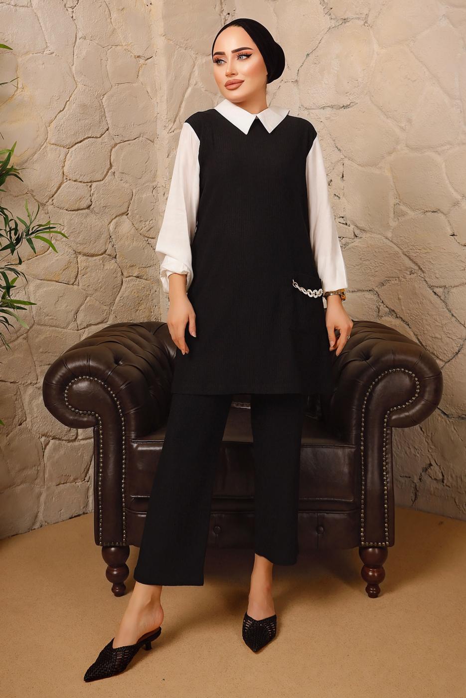 Tesettür giyim SİYAH ZİNCİR DETAYLI İKİLİ PANTOLONLU TAKIM T 9392 