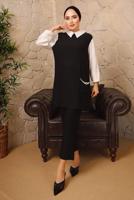 Tesettür giyim SİYAH ZİNCİR DETAYLI İKİLİ PANTOLONLU TAKIM T 9392 