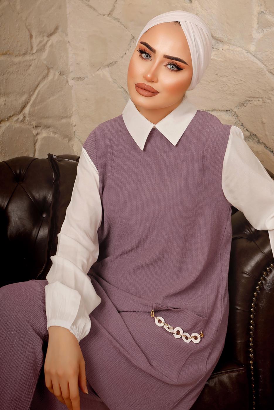 Tesettür giyim MOR ZİNCİR DETAYLI İKİLİ PANTOLONLU TAKIM T 9392 