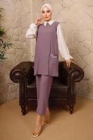 Tesettür giyim MOR ZİNCİR DETAYLI İKİLİ PANTOLONLU TAKIM T 9392 