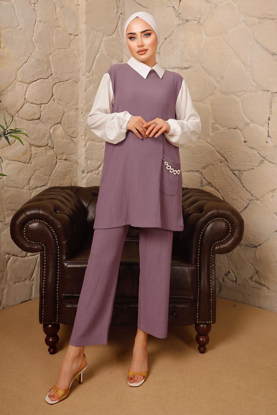Tesettür giyim MOR ZİNCİR DETAYLI İKİLİ PANTOLONLU TAKIM T 9392 