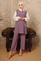 Tesettür giyim MOR ZİNCİR DETAYLI İKİLİ PANTOLONLU TAKIM T 9392 