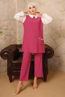 Tesettür giyim FUŞYA ZİNCİR DETAYLI İKİLİ PANTOLONLU TAKIM T 9392 