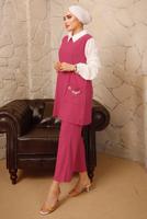 Tesettür giyim FUŞYA ZİNCİR DETAYLI İKİLİ PANTOLONLU TAKIM T 9392 