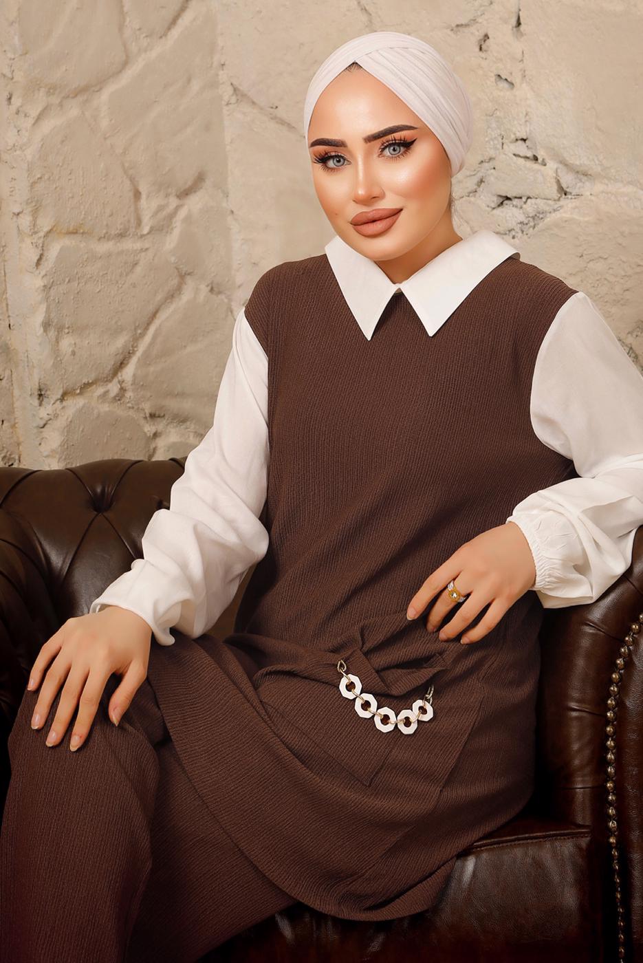Tesettür giyim KAHVE ZİNCİR DETAYLI İKİLİ PANTOLONLU TAKIM T 9392 