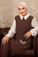 Tesettür giyim KAHVE ZİNCİR DETAYLI İKİLİ PANTOLONLU TAKIM T 9392 