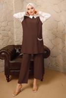 Tesettür giyim KAHVE ZİNCİR DETAYLI İKİLİ PANTOLONLU TAKIM T 9392 