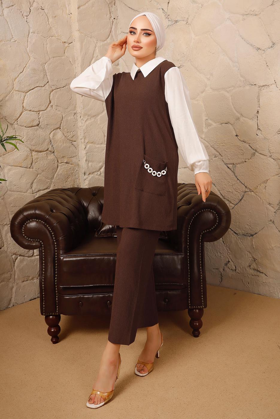 Tesettür giyim KAHVE ZİNCİR DETAYLI İKİLİ PANTOLONLU TAKIM T 9392 