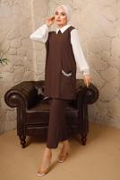 Tesettür giyim KAHVE ZİNCİR DETAYLI İKİLİ PANTOLONLU TAKIM T 9392 