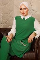 Tesettür giyim YEŞİL ZİNCİR DETAYLI İKİLİ PANTOLONLU TAKIM T 9392 