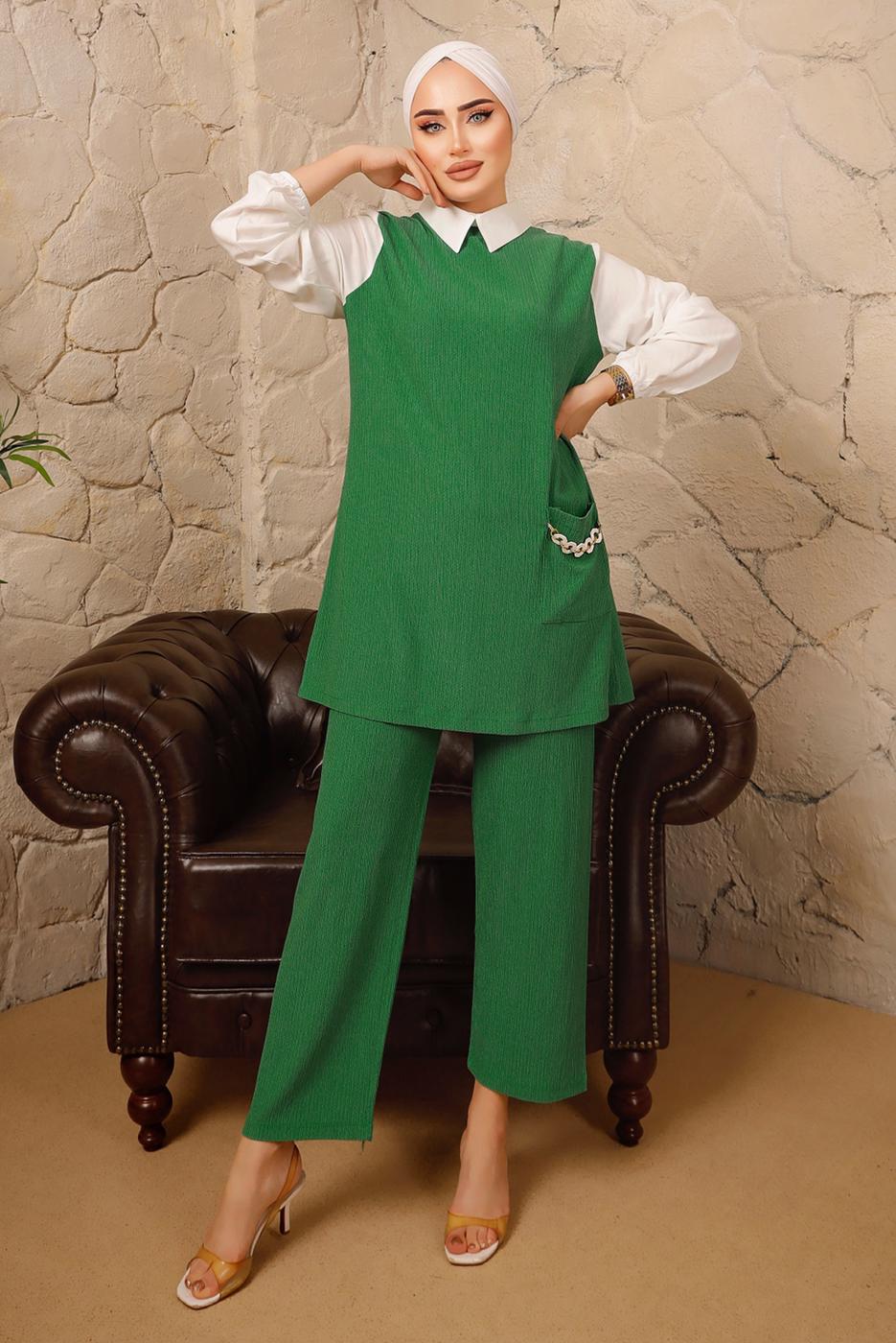 Tesettür giyim YEŞİL ZİNCİR DETAYLI İKİLİ PANTOLONLU TAKIM T 9392 