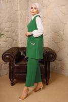 Tesettür giyim YEŞİL ZİNCİR DETAYLI İKİLİ PANTOLONLU TAKIM T 9392 