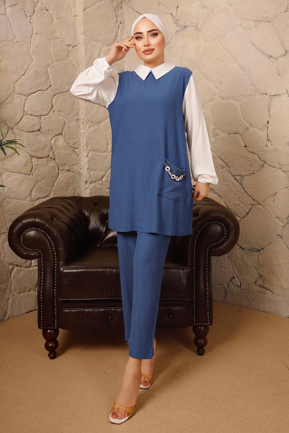 Tesettür giyim LACİVERT ZİNCİR DETAYLI İKİLİ PANTOLONLU TAKIM T 9392 