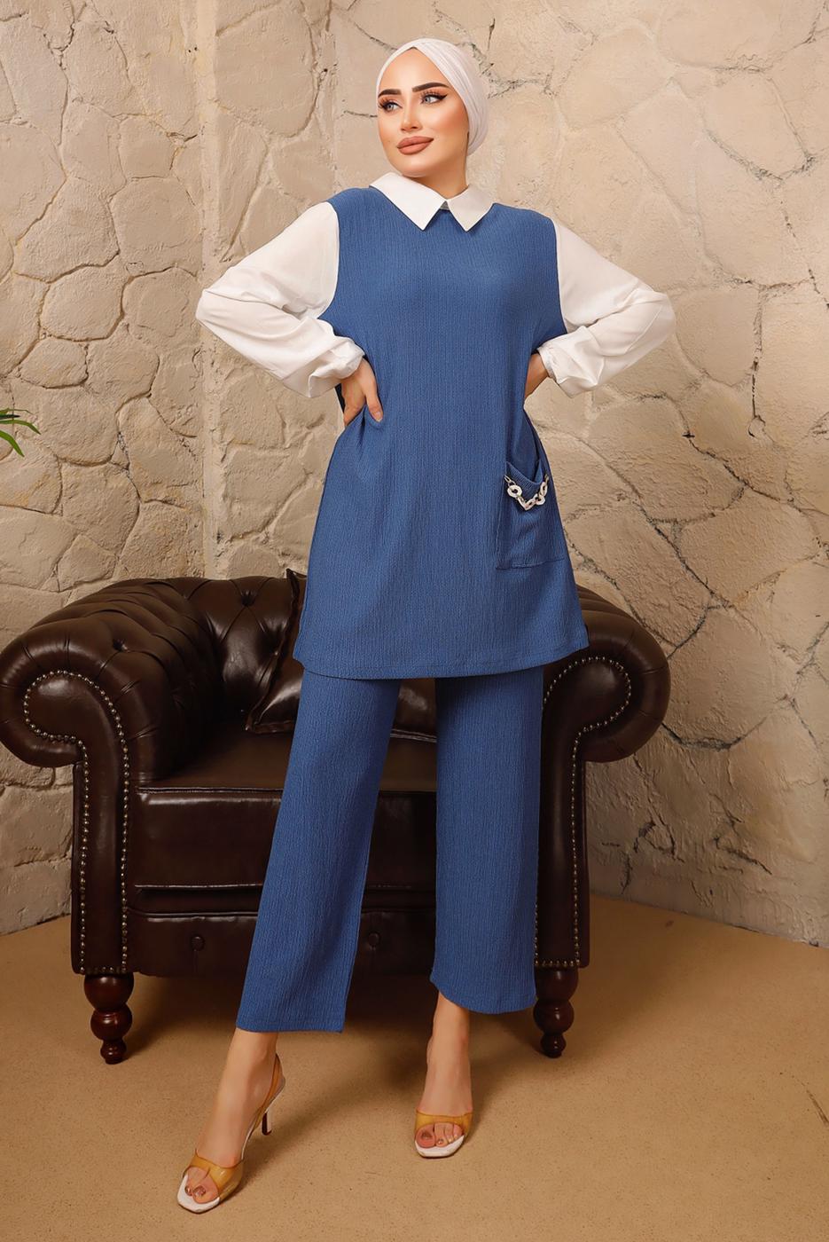 Tesettür giyim LACİVERT ZİNCİR DETAYLI İKİLİ PANTOLONLU TAKIM T 9392 