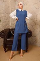 Tesettür giyim LACİVERT ZİNCİR DETAYLI İKİLİ PANTOLONLU TAKIM T 9392 