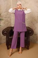 Tesettür giyim MOR ZİNCİR DETAYLI İKİLİ PANTOLONLU TAKIM T 9392 