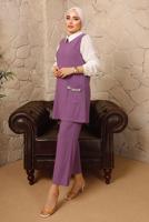 Tesettür giyim MOR ZİNCİR DETAYLI İKİLİ PANTOLONLU TAKIM T 9392 