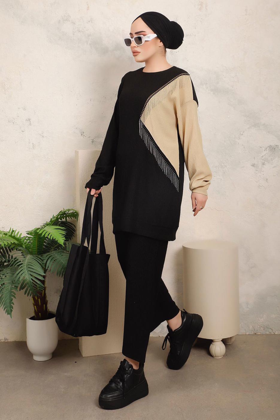 Tesettür giyim SİYAH ZİNCİR DETAYLI İKİ RENKLİ PANTOLONLU TAKIM T 9403