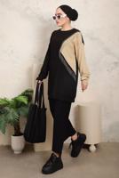 Tesettür giyim SİYAH ZİNCİR DETAYLI İKİ RENKLİ PANTOLONLU TAKIM T 9403