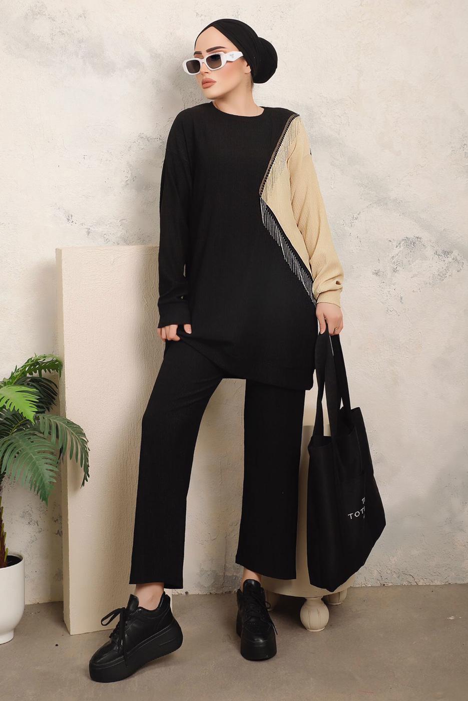 Tesettür giyim SİYAH ZİNCİR DETAYLI İKİ RENKLİ PANTOLONLU TAKIM T 9403