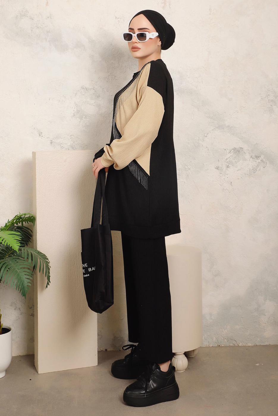 Tesettür giyim SİYAH ZİNCİR DETAYLI İKİ RENKLİ PANTOLONLU TAKIM T 9403