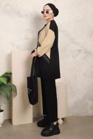 Tesettür giyim SİYAH ZİNCİR DETAYLI İKİ RENKLİ PANTOLONLU TAKIM T 9403