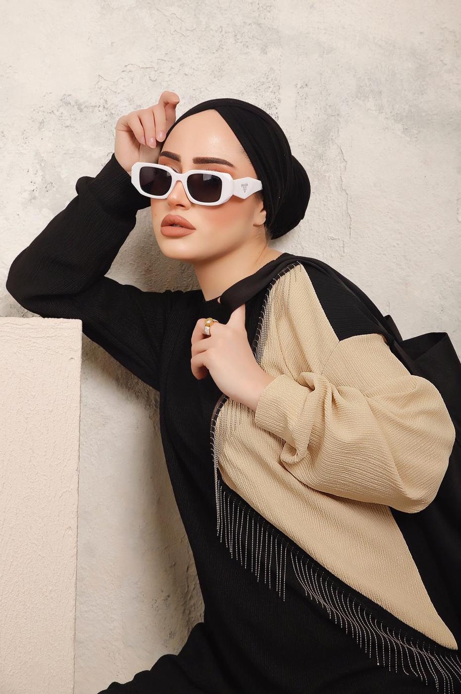 Tesettür giyim SİYAH ZİNCİR DETAYLI İKİ RENKLİ PANTOLONLU TAKIM T 9403