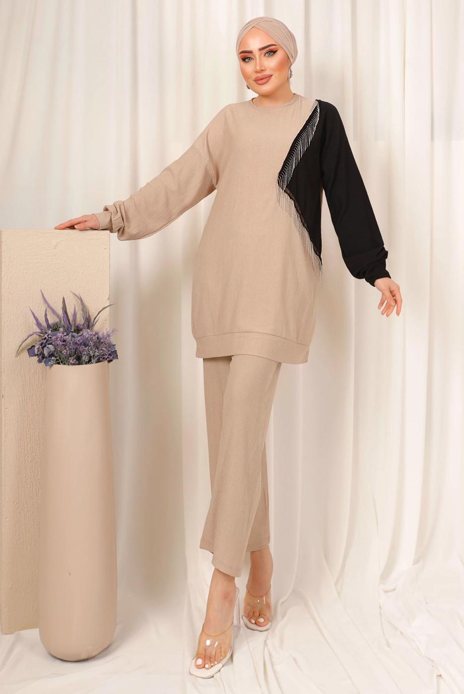 Tesettür giyim BEJ ZİNCİR DETAYLI İKİ RENKLİ PANTOLONLU TAKIM T 9403