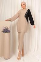 Tesettür giyim BEJ ZİNCİR DETAYLI İKİ RENKLİ PANTOLONLU TAKIM T 9403