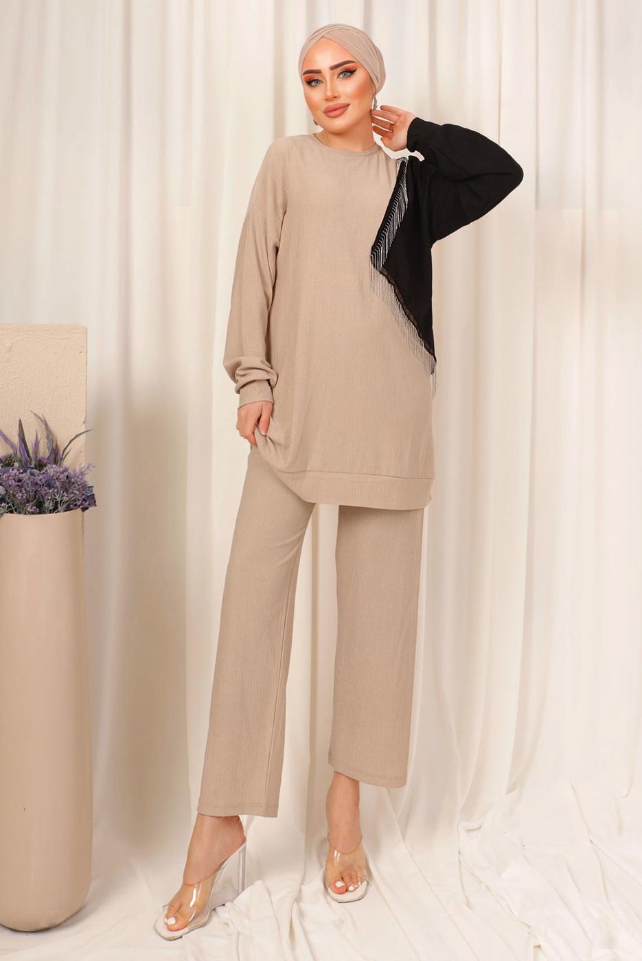 Tesettür giyim BEJ ZİNCİR DETAYLI İKİ RENKLİ PANTOLONLU TAKIM T 9403