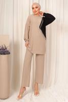 Tesettür giyim BEJ ZİNCİR DETAYLI İKİ RENKLİ PANTOLONLU TAKIM T 9403