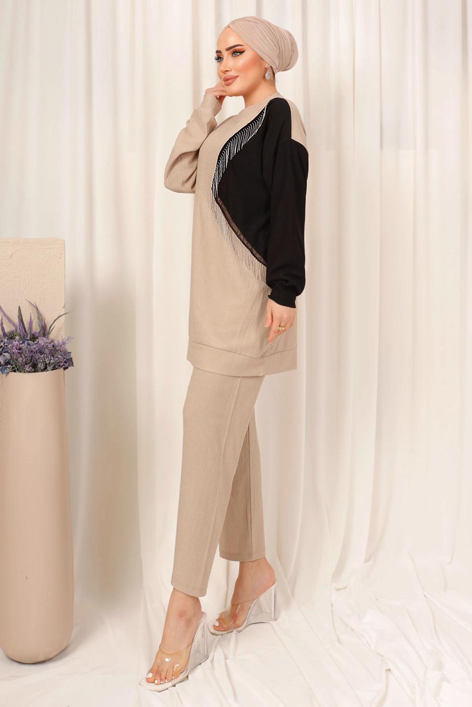Tesettür giyim BEJ ZİNCİR DETAYLI İKİ RENKLİ PANTOLONLU TAKIM T 9403