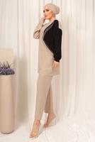 Tesettür giyim BEJ ZİNCİR DETAYLI İKİ RENKLİ PANTOLONLU TAKIM T 9403