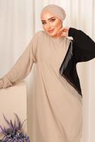 Tesettür giyim BEJ ZİNCİR DETAYLI İKİ RENKLİ PANTOLONLU TAKIM T 9403