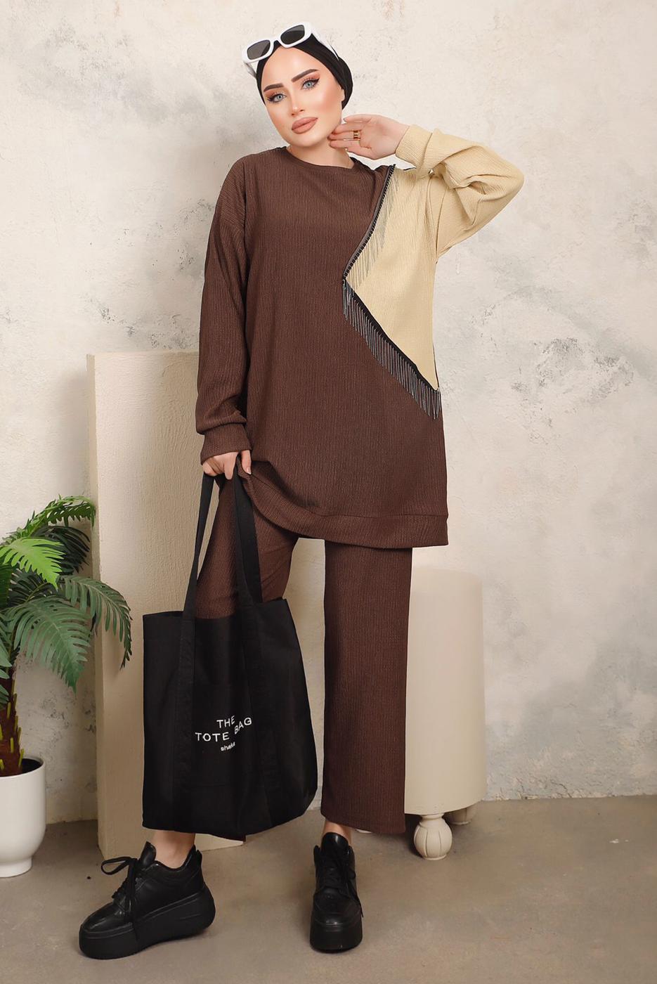 Tesettür giyim KAHVE ZİNCİR DETAYLI İKİ RENKLİ PANTOLONLU TAKIM T 9403