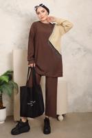 Tesettür giyim KAHVE ZİNCİR DETAYLI İKİ RENKLİ PANTOLONLU TAKIM T 9403