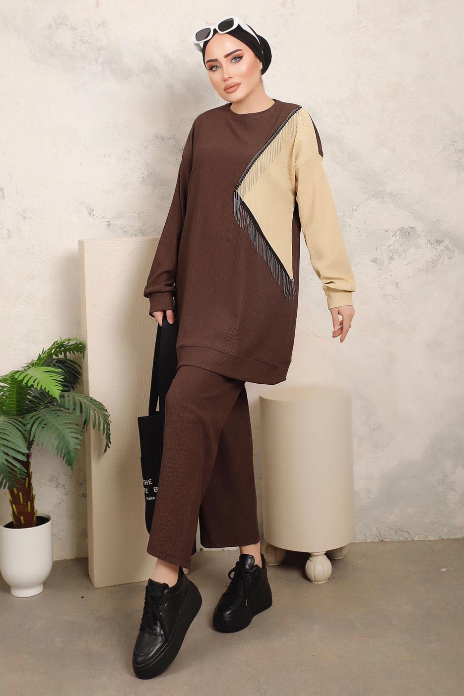 Tesettür giyim KAHVE ZİNCİR DETAYLI İKİ RENKLİ PANTOLONLU TAKIM T 9403