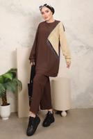 Tesettür giyim KAHVE ZİNCİR DETAYLI İKİ RENKLİ PANTOLONLU TAKIM T 9403