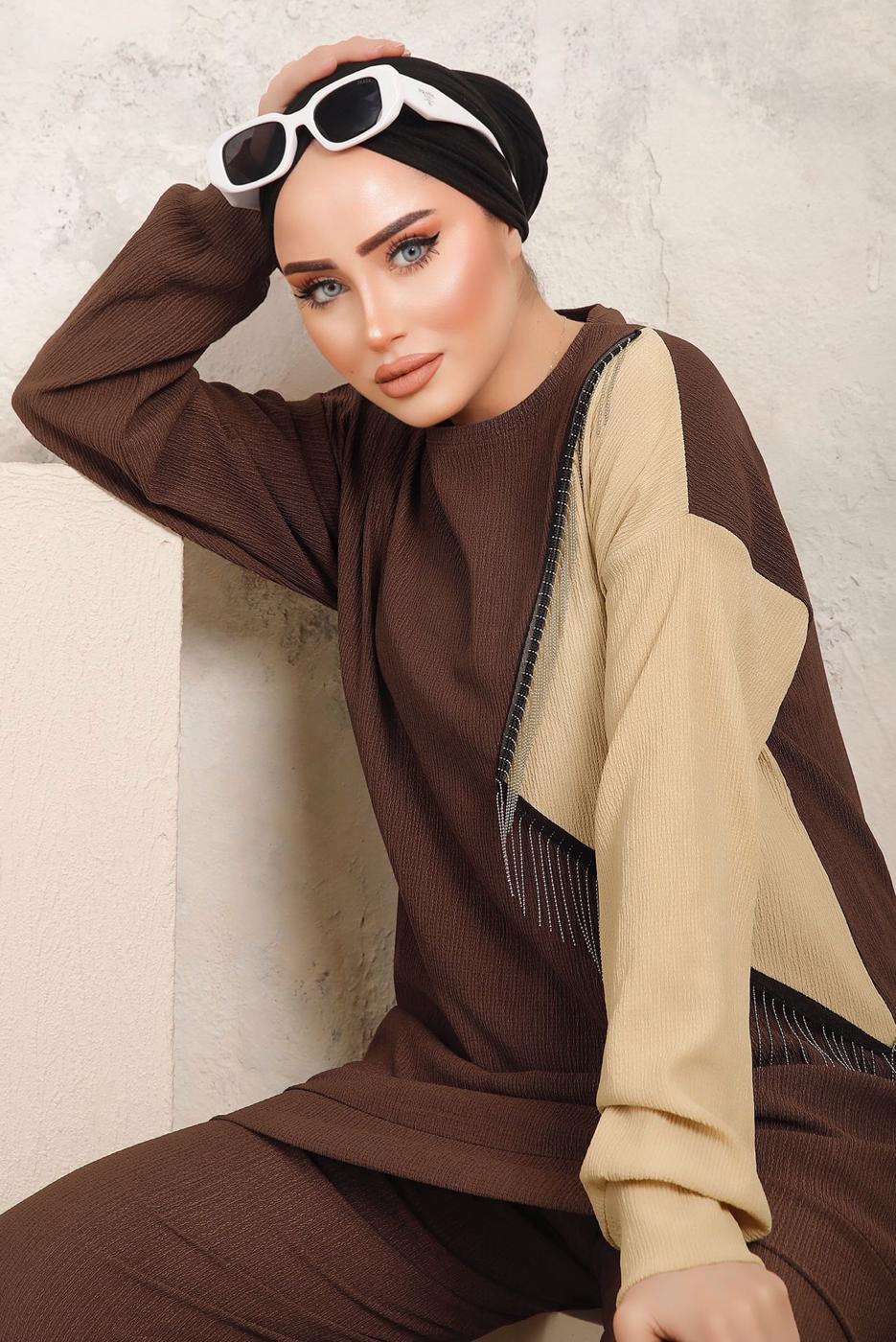 Tesettür giyim KAHVE ZİNCİR DETAYLI İKİ RENKLİ PANTOLONLU TAKIM T 9403