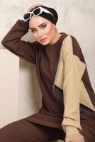 Tesettür giyim KAHVE ZİNCİR DETAYLI İKİ RENKLİ PANTOLONLU TAKIM T 9403