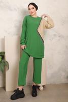 Tesettür giyim YEŞİL ZİNCİR DETAYLI İKİ RENKLİ PANTOLONLU TAKIM T 9403