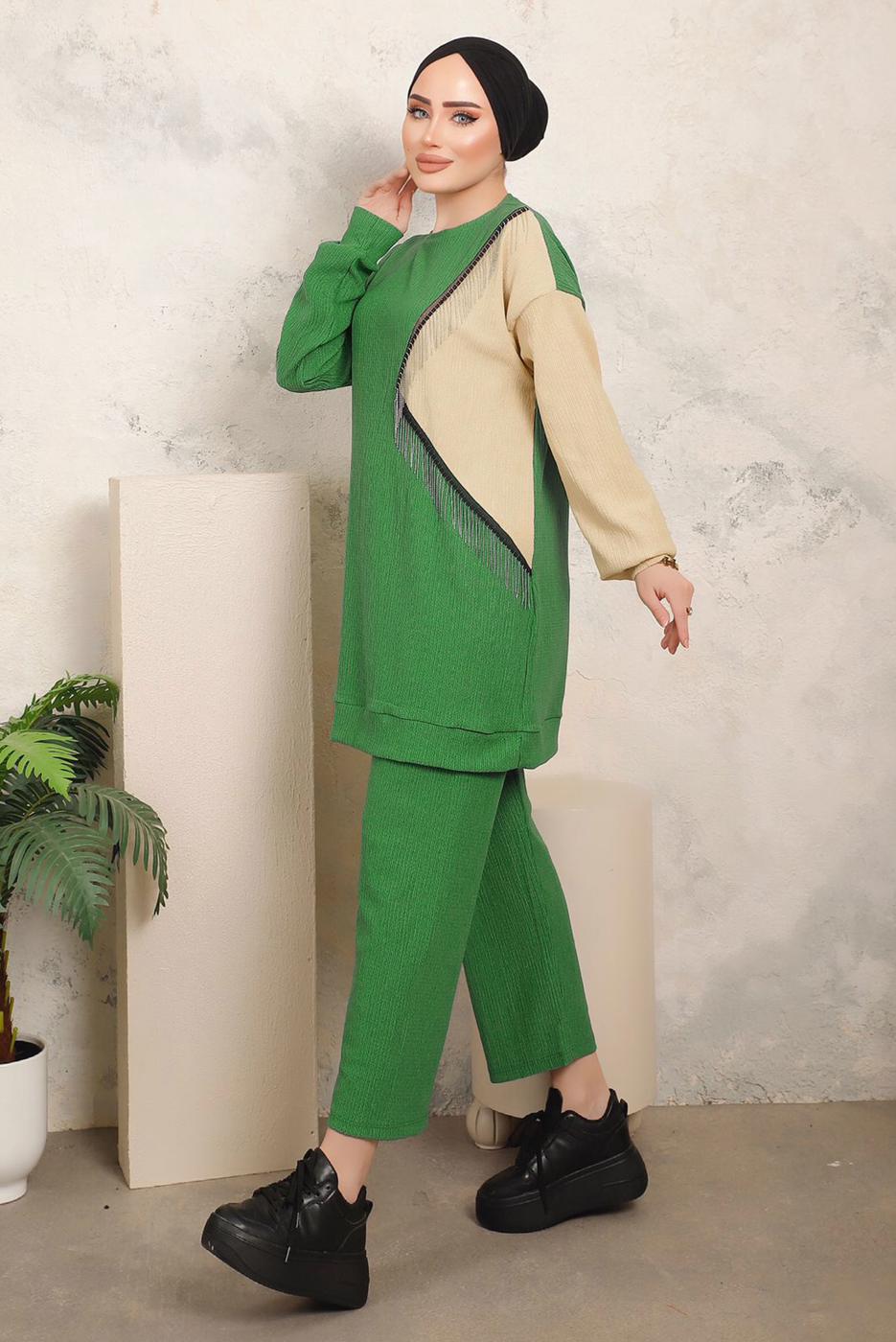 Tesettür giyim YEŞİL ZİNCİR DETAYLI İKİ RENKLİ PANTOLONLU TAKIM T 9403
