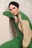 Tesettür giyim YEŞİL ZİNCİR DETAYLI İKİ RENKLİ PANTOLONLU TAKIM T 9403
