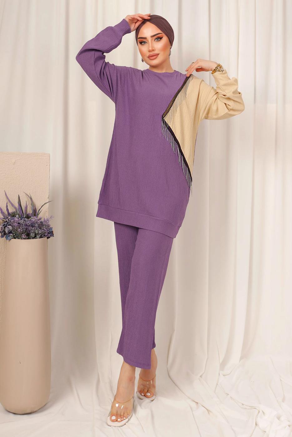 Tesettür giyim MOR ZİNCİR DETAYLI İKİ RENKLİ PANTOLONLU TAKIM T 9403
